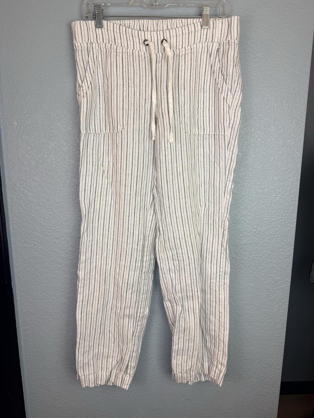 Athleta Pants Womens Small White Stripe 100% Linen Jogger Elastic Waist Pockets